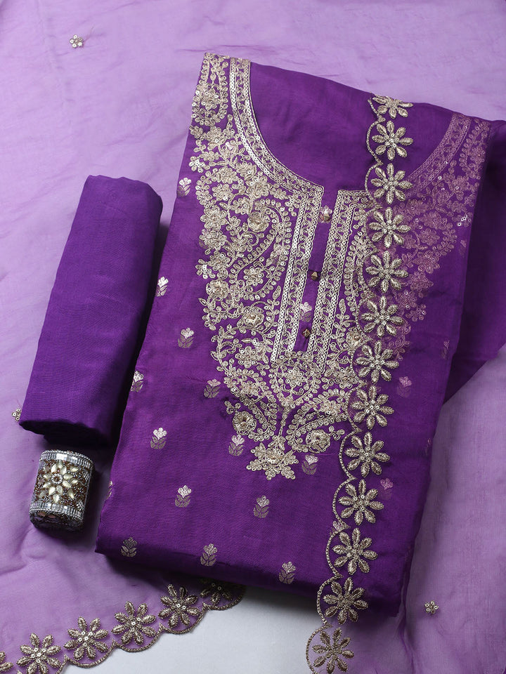 Embroidered Chanderi Unstitched Suit With Pant &amp; Dupatta