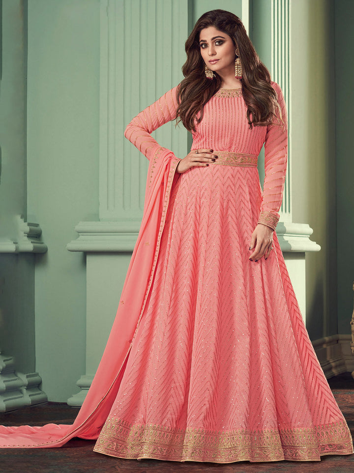 Embroidered Georgette Suit With Plazzo &amp; Dupatta
