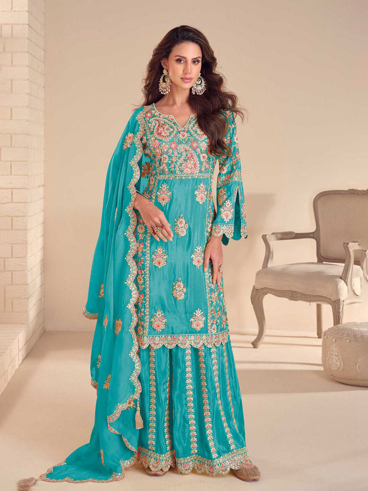 Embroidered Simmar Kurta With Gharara &amp; Dupatta