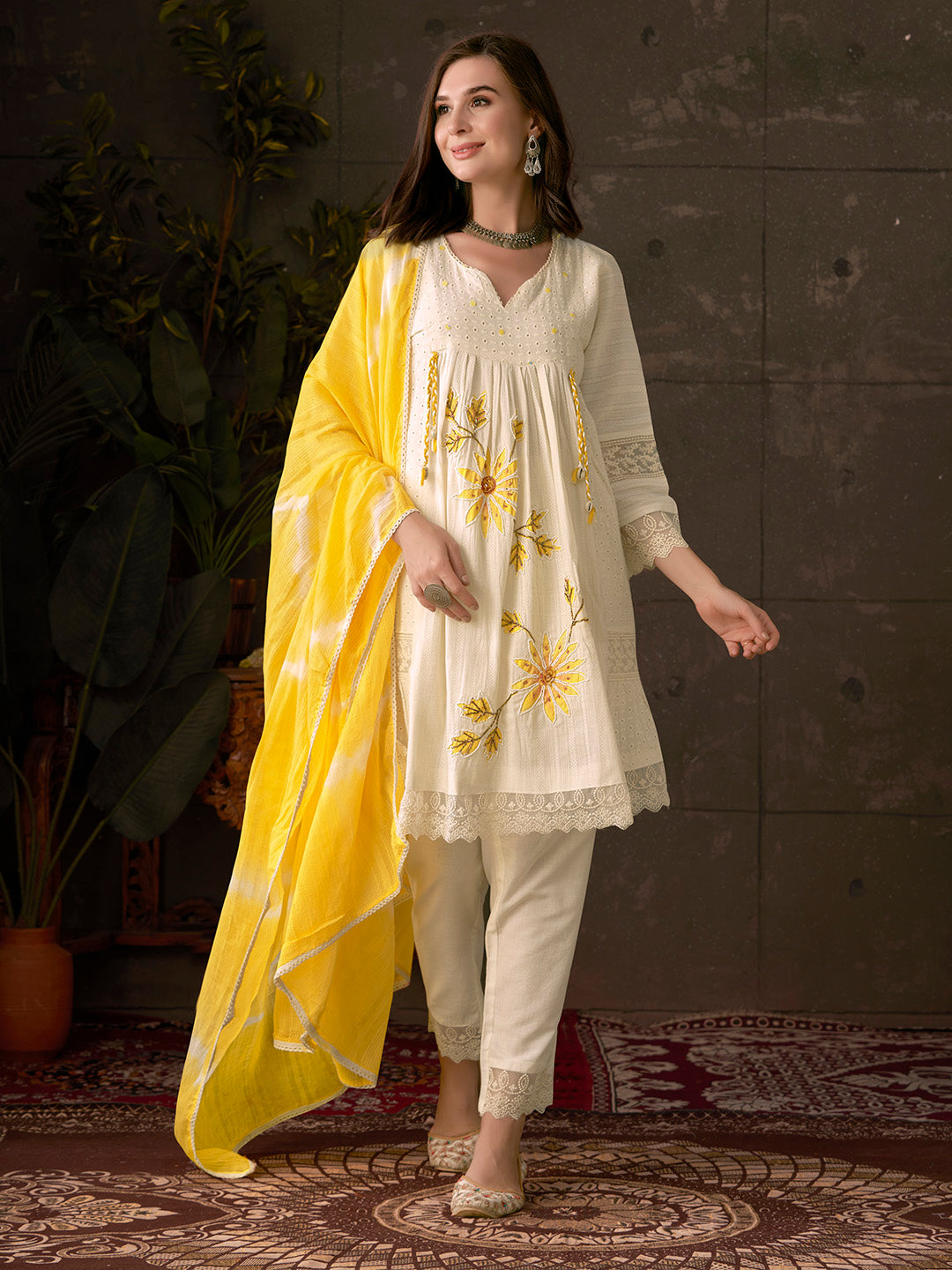 Embroidered Cotton Kurta With Pant &amp; Dupatta