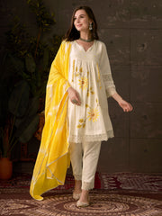 Embroidered Cotton Kurta With Pant & Dupatta