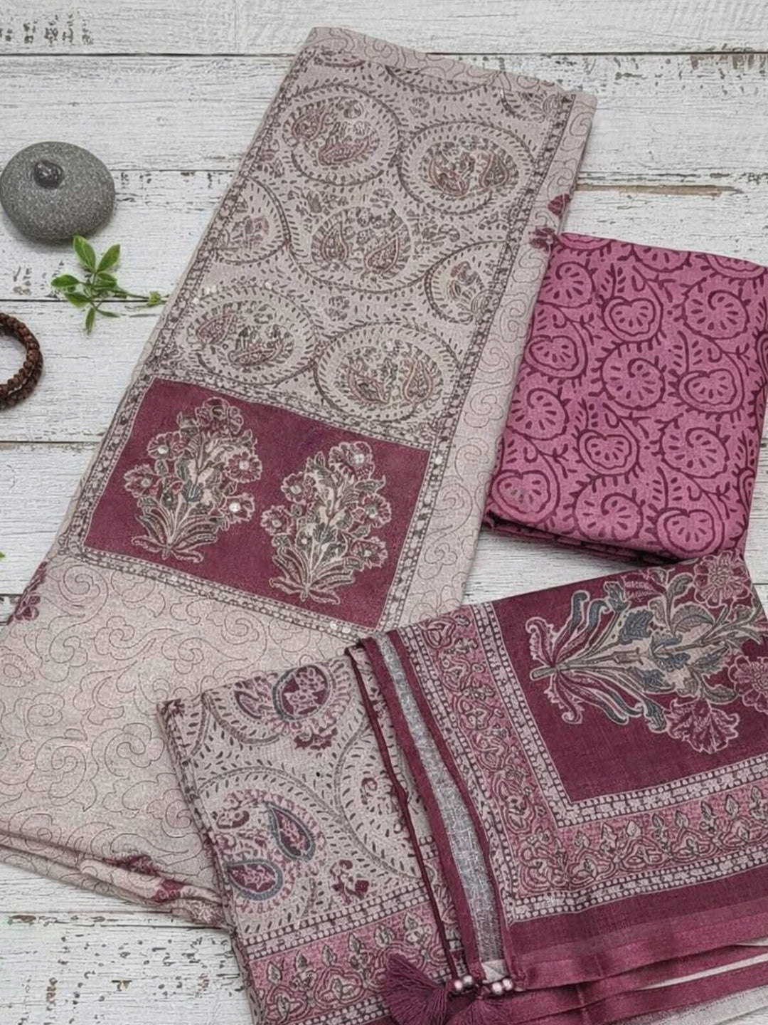 Printed Linen Blend Unstitched Suit With Pant &amp; Dupatta