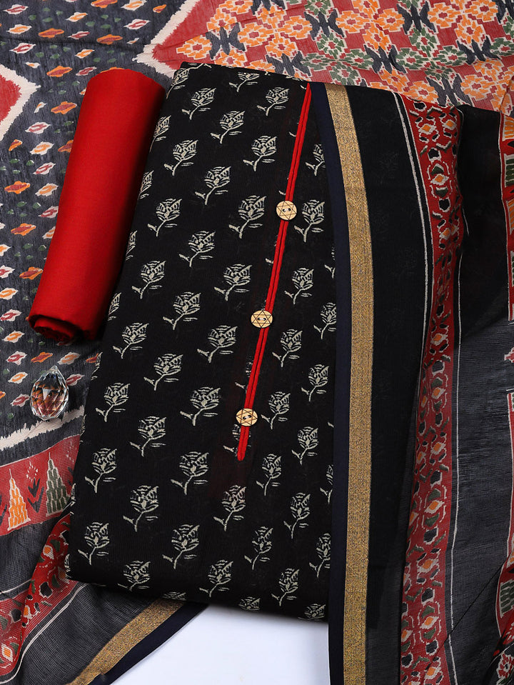 Embroidered Cotton Blend Unstitched Suit With Pant &amp; Dupatta