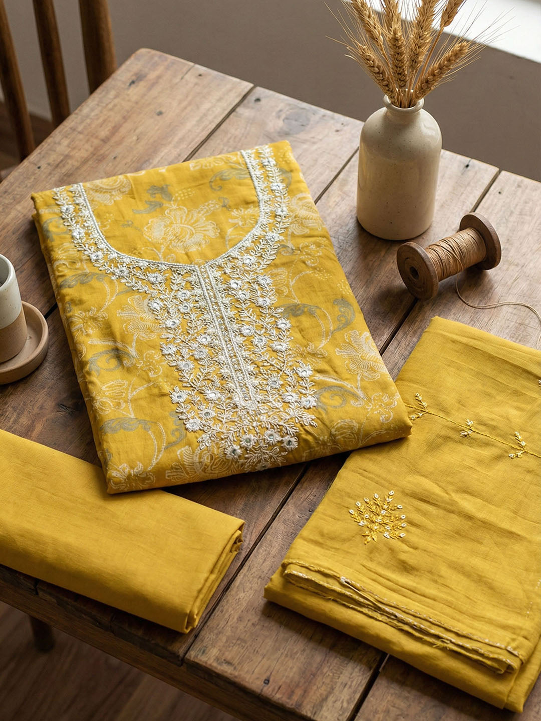 Embroidered Cotton Blend Unstitched Suit With Pant &amp; Dupatta
