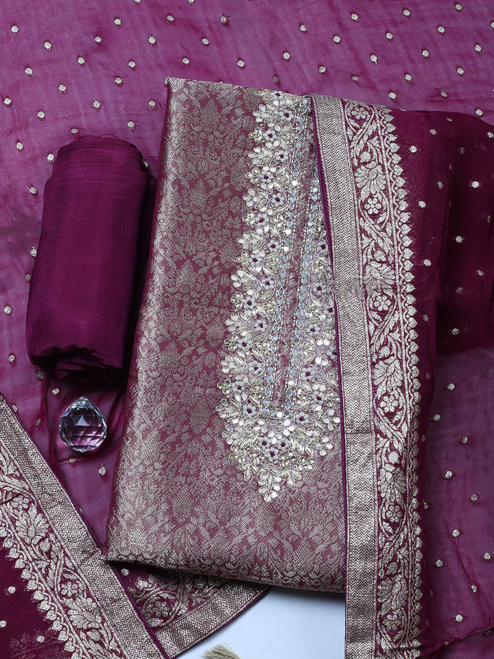 Embroidered Chanderi Unstitched Suit With Pant &amp; Dupatta
