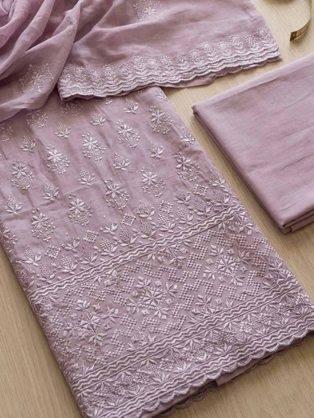 Embroidered Chanderi Unstitched Suit With Pant &amp; Dupatta