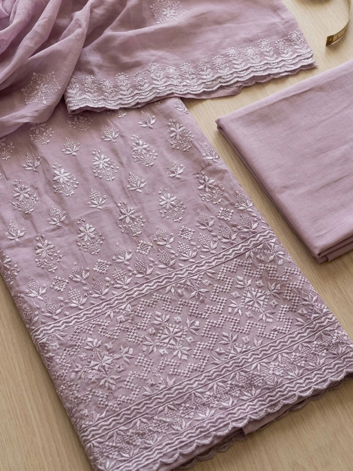 Embroidered Chanderi Unstitched Suit With Pant &amp; Dupatta