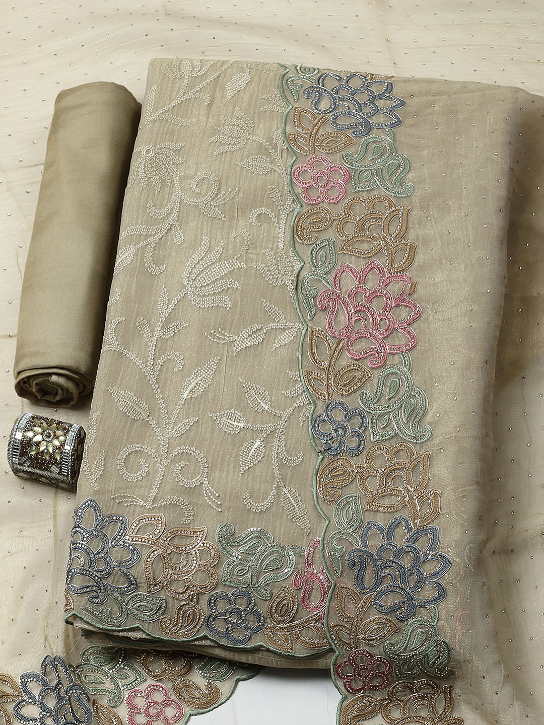 Embroidered Tissue Unstitched Suit With Pant &amp; Dupatta