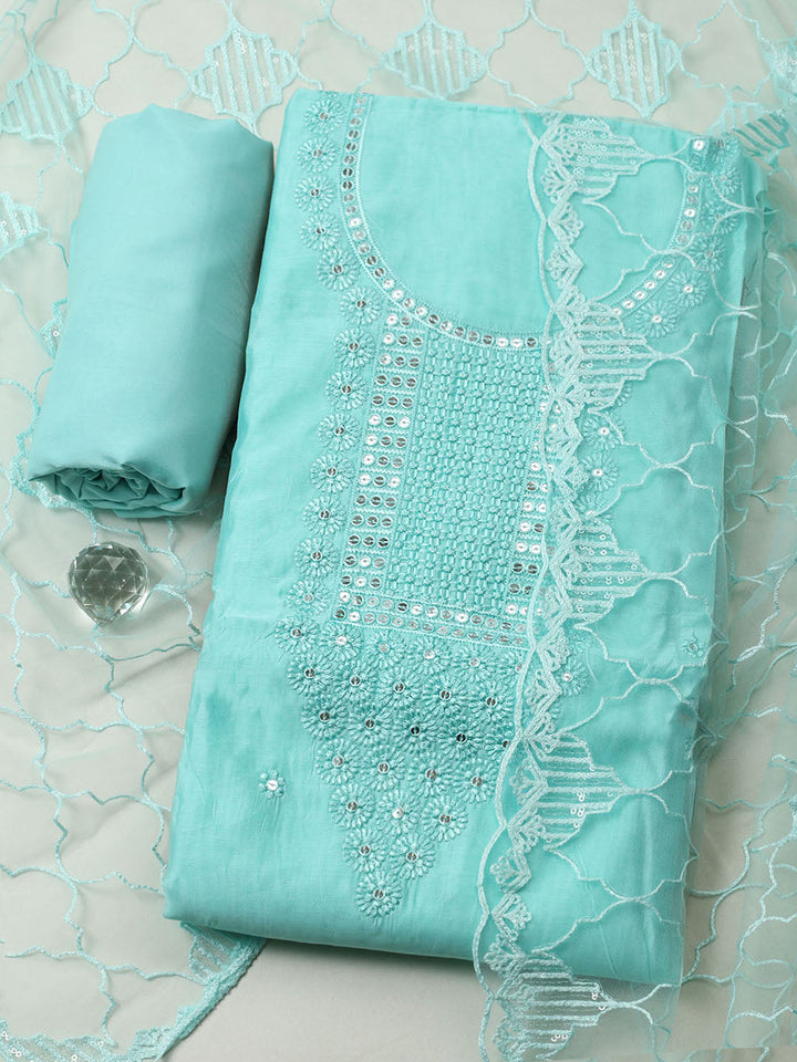 Embroidered Chanderi Unstitched Suit With Pant &amp; Dupatta