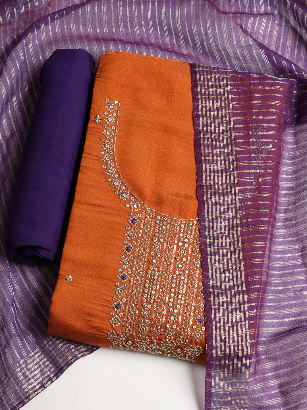 Neck Embroidered Chanderi Unstitched Suit With Dupatta