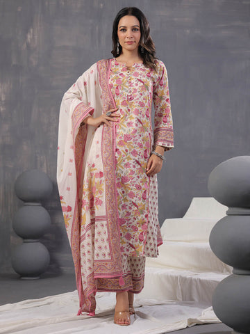 Floral Print Cotton Kurta With Pants & Dupatta