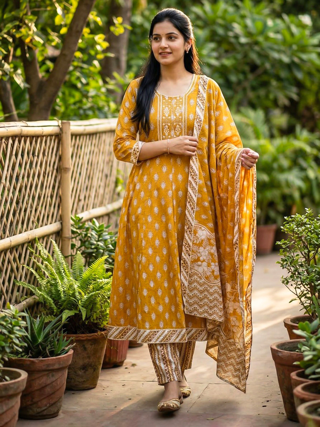 Printed Cotton Blend Suit With Pant &amp; Dupatta