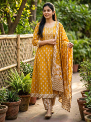 Printed Cotton Blend Suit With Pant & Dupatta