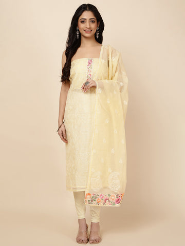 Neck Patti Cotton Blend Unstitched Suit With Dupatta