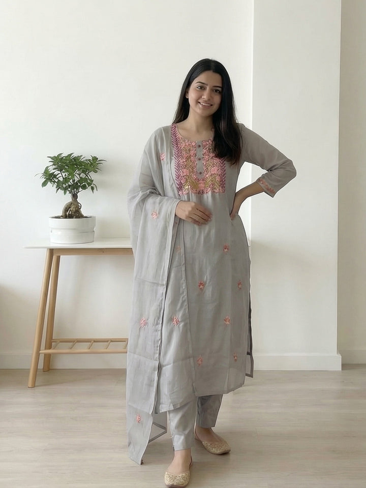 Grey Art Silk Printed Straight Suit Set