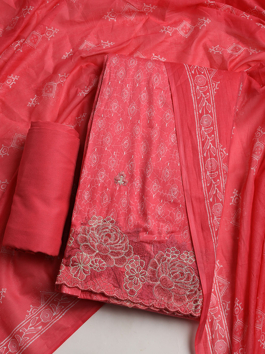 Neck Embroidered Cotton Blend Unstitched Suit With Dupatta