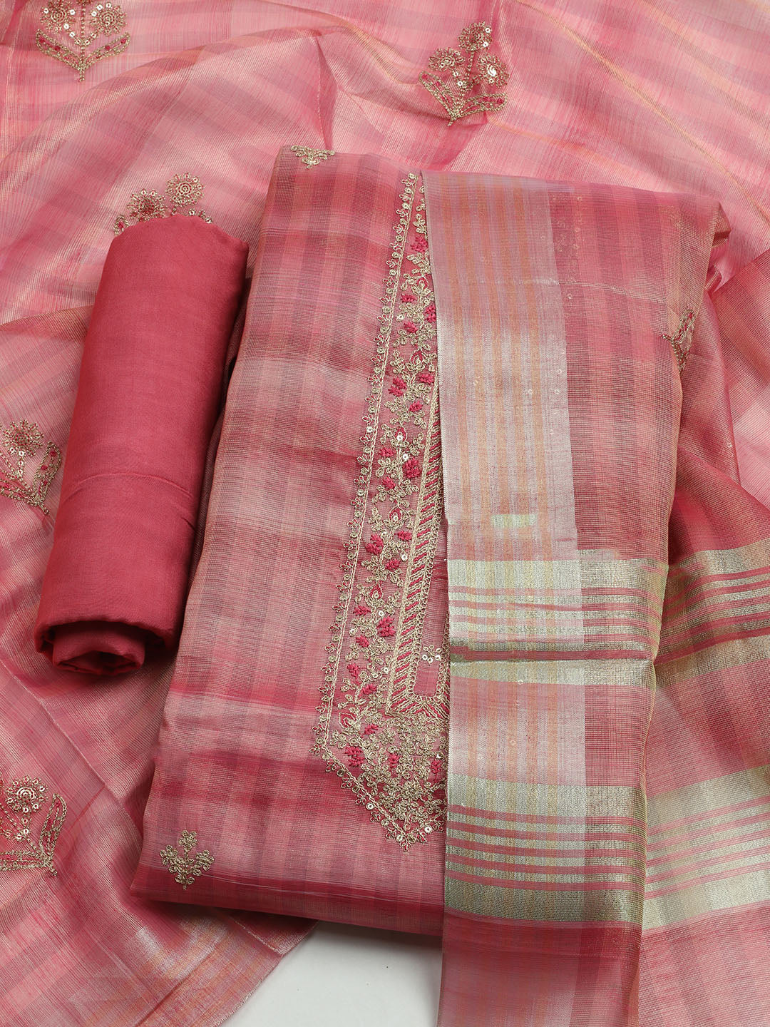Embroidered Tissue Unstitched Kurta With Pant & Dupatta