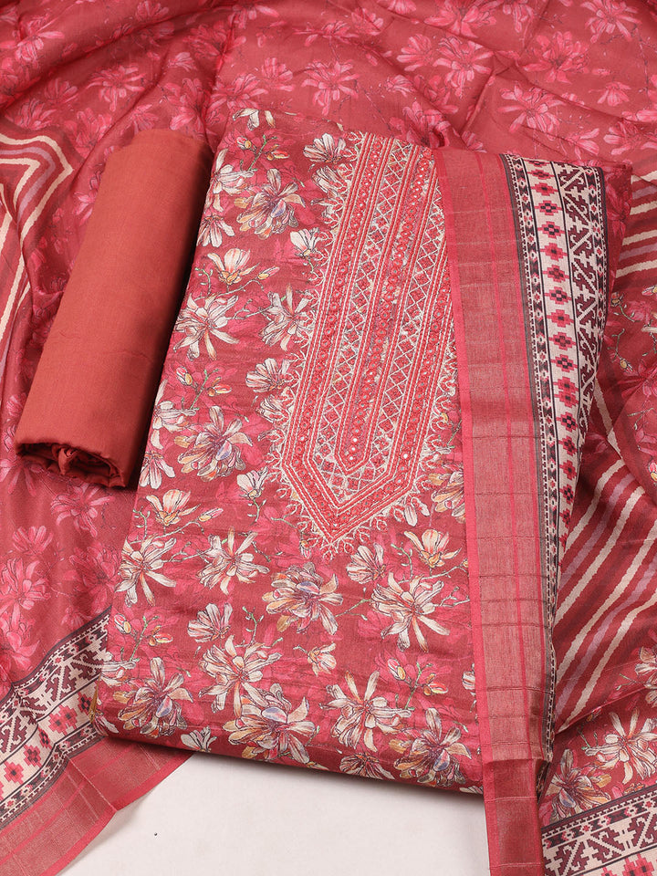 Embroidered Tussar Unstitched Suit With Pant Dupatta