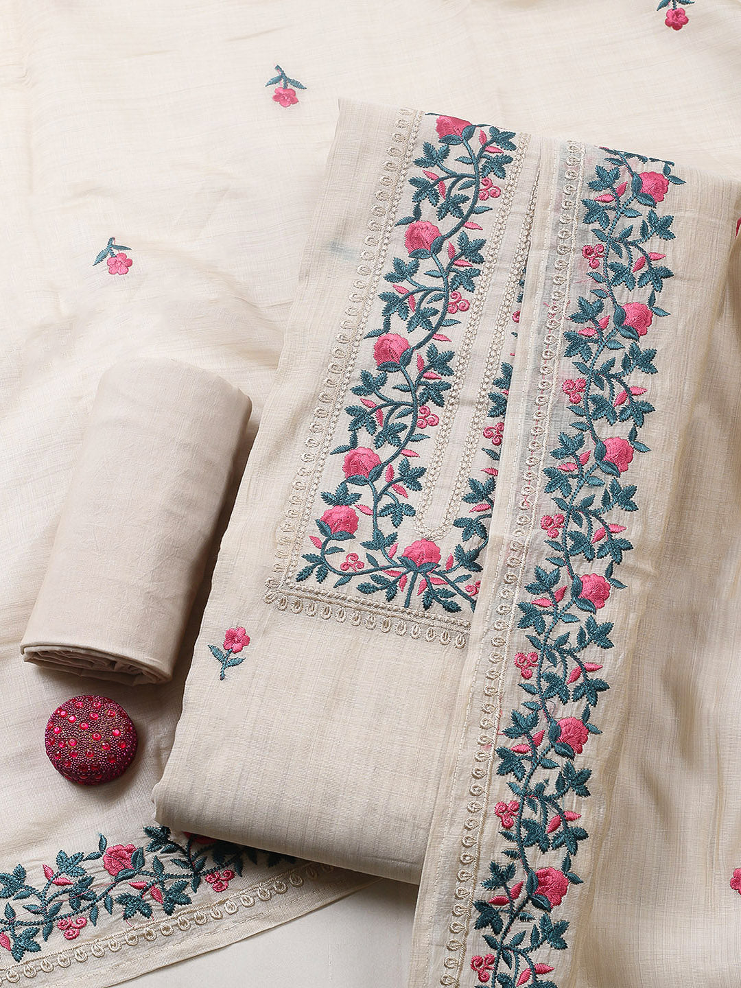 Embroidered Tussar Silk Unstitched Suit With Pant &amp; Dupatta