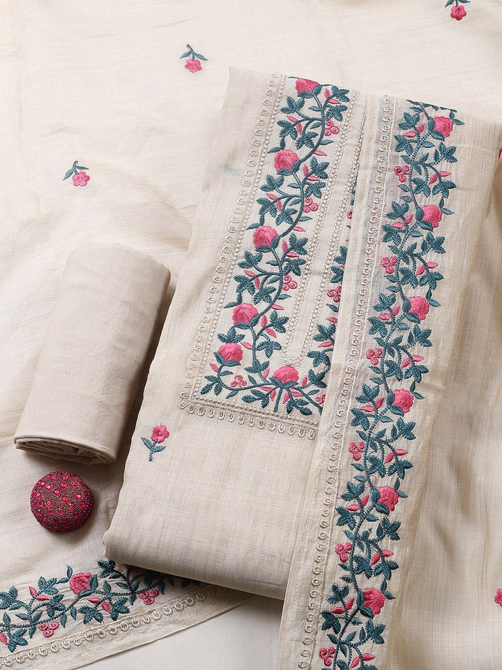 Embroidered Tussar Silk Unstitched Suit With Pant &amp; Dupatta