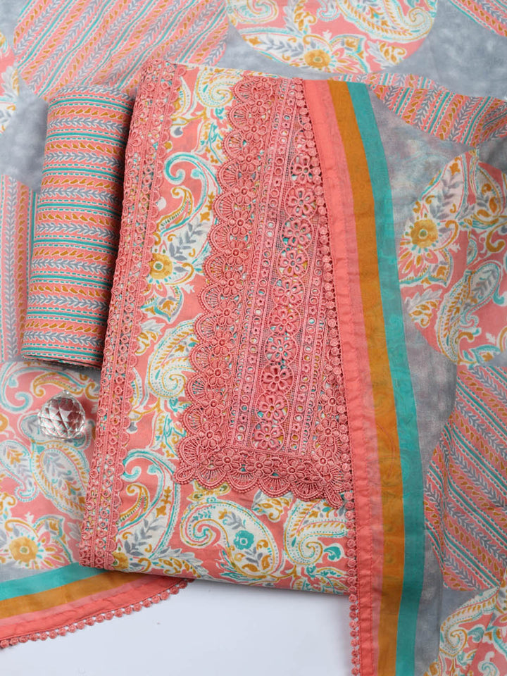 Embroidered Cotton Blend Unstitched Suit With Pant &amp; Dupatta