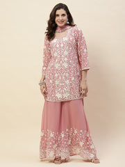 Resham Embroidery Georgette Kurta With Sharara & Dupatta