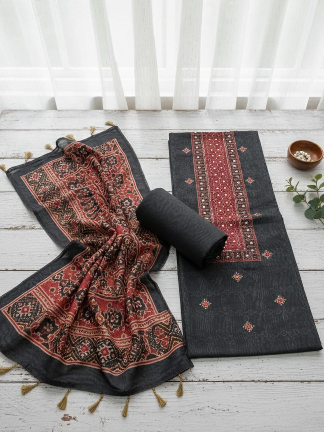 Embroidered Chanderi Unstitched Suit With Pant &amp; Dupatta