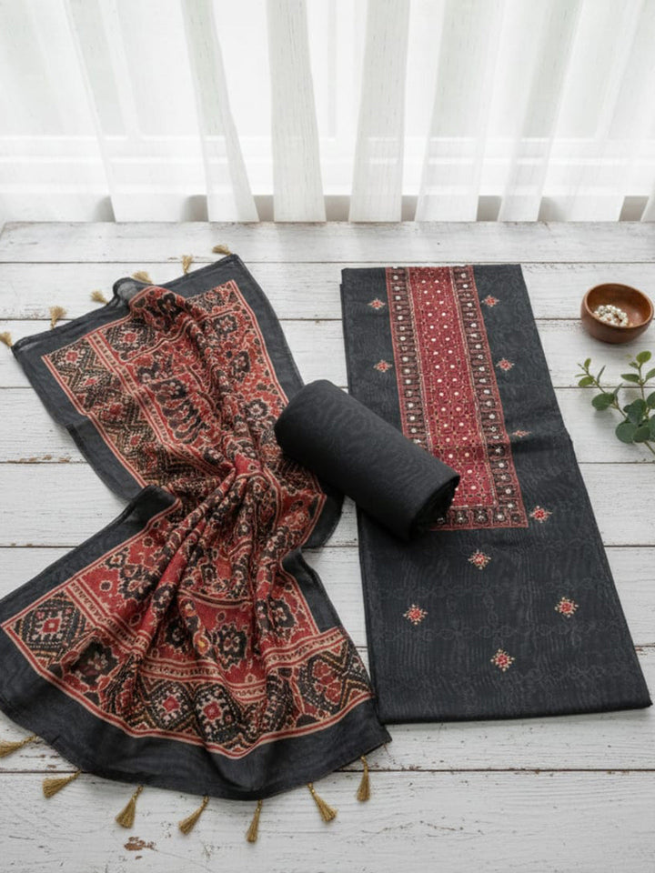 Embroidered Chanderi Unstitched Suit With Pant &amp; Dupatta