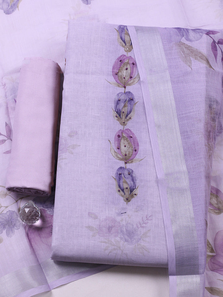Embroidered Linen Blend Unstitched Suit With Pant &amp; Dupatta