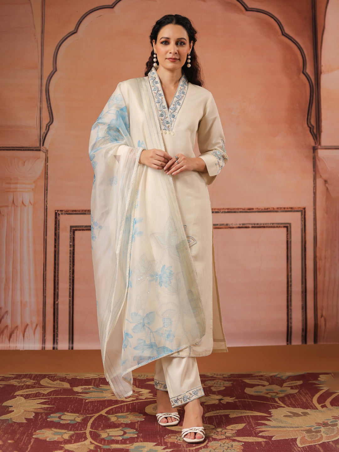 Embroidered Cotton Kurta With Pant &amp; Dupatta