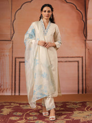 Embroidered Cotton Kurta With Pant & Dupatta