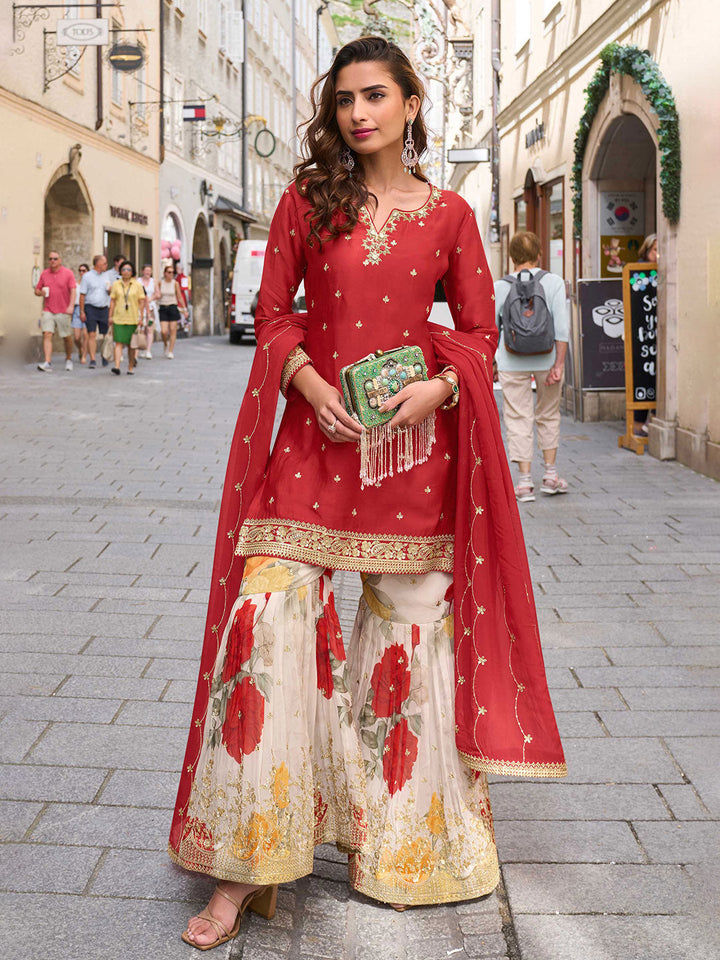 Embroidered Chinon Kurti With Plazzo &amp; Dupatta