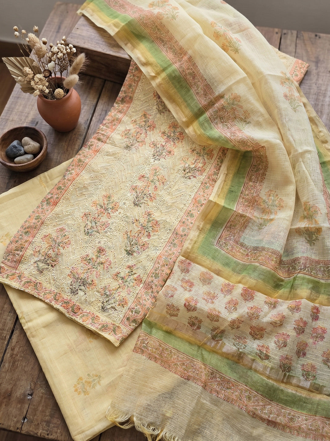 Printed Cotton Blend Unstitched Suit With Pant &amp; Dupatta