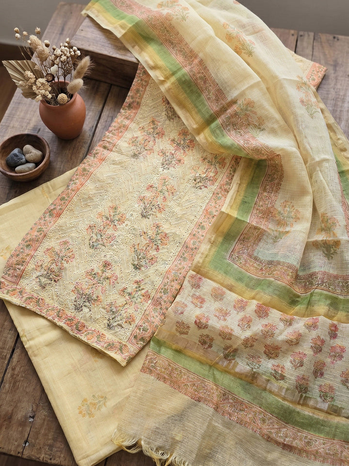 Printed Cotton Blend Unstitched Suit With Pant &amp; Dupatta