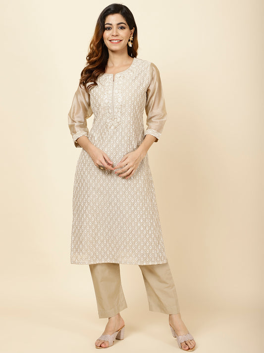 Sequence Work Embroidered Chanderi Kurta With Pants