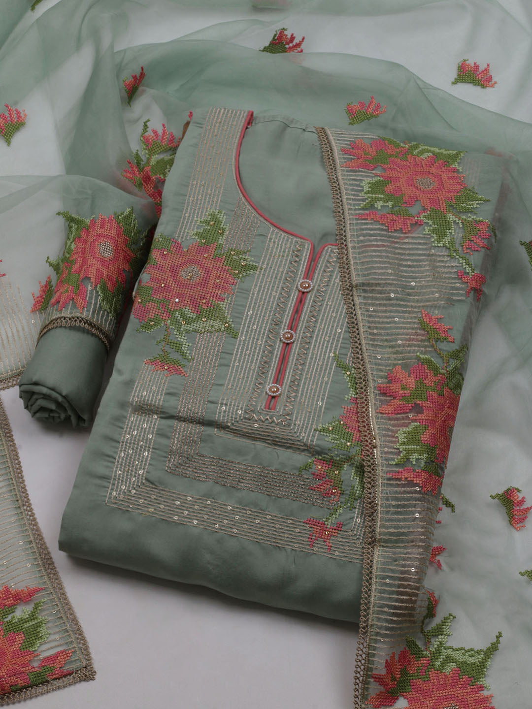 Neck Embroidered Chanderi Unstitched Suit With Dupatta
