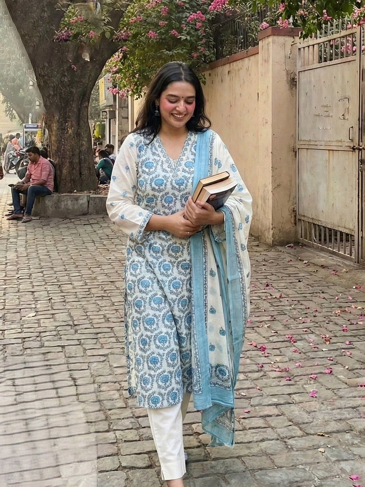 Printed Cotton Kurta With Pant &amp; Dupatta