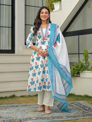 Printed Cotton Blend Kurta With Pant & Dupatta