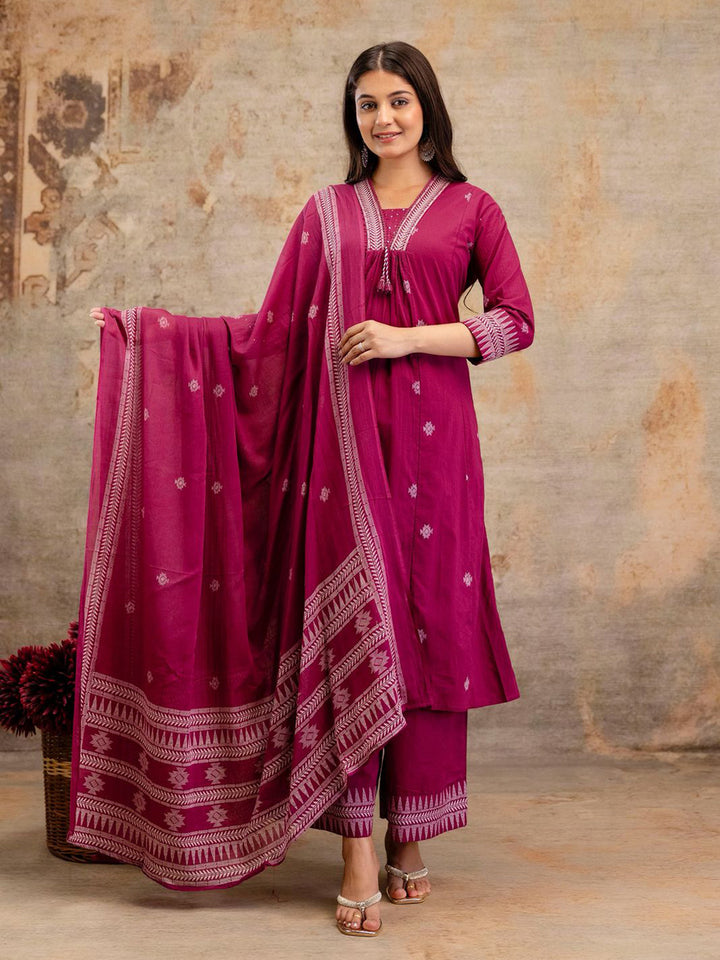 Wine Cotton Blend Printed Straight Suit Set