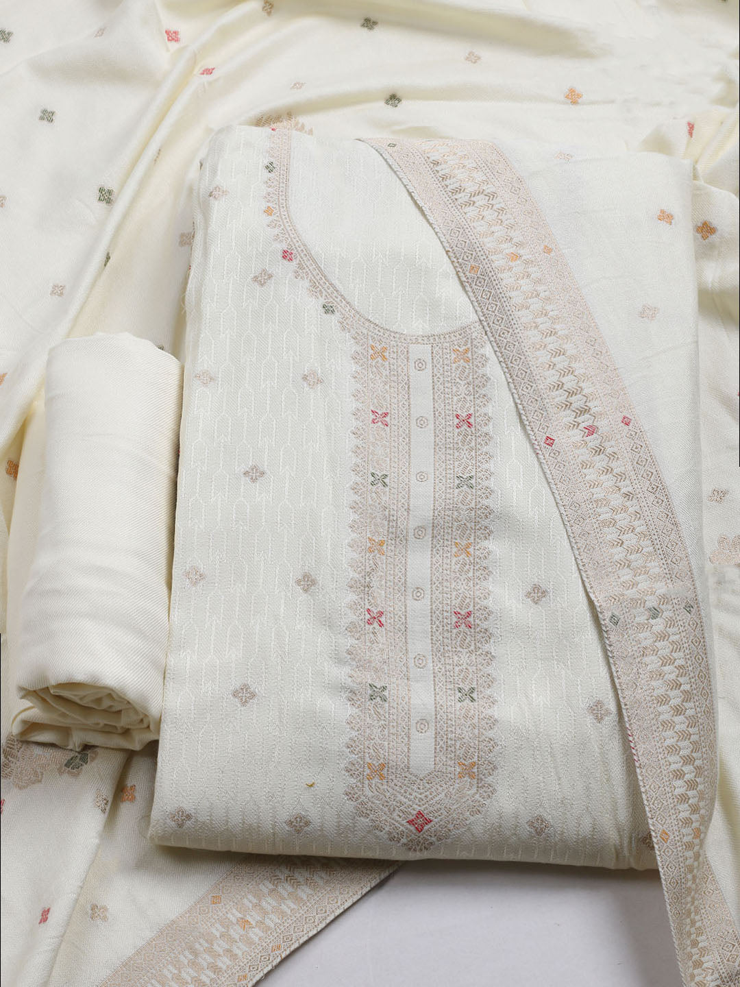 Pashmina Woven Design Unstitched Kurta With Pant &amp; Dupatta
