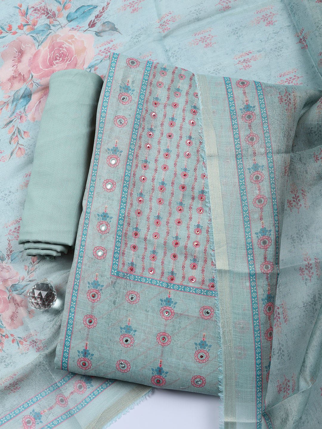 Embellished Tissue Unstitched Suit With Pant &amp; Dupatta
