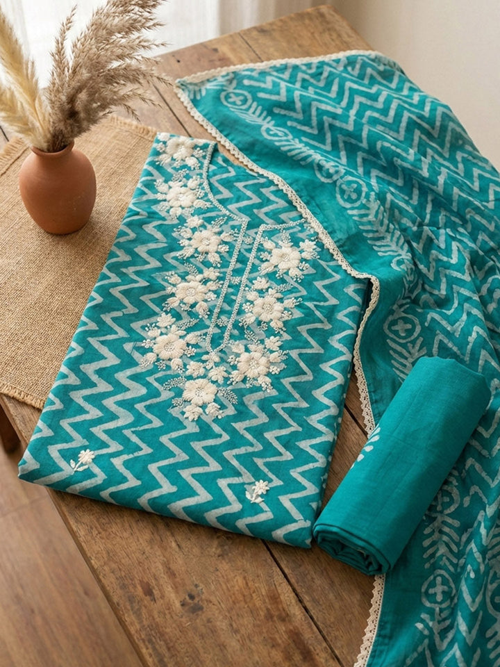 Printed Chanderi Unstitched Suit With Pant &amp; Dupatta