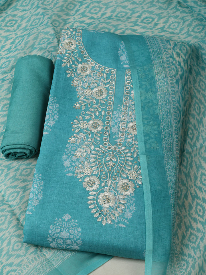 Embroidered Linen Blend Unstitched Suit With Pant &amp; Dupatta