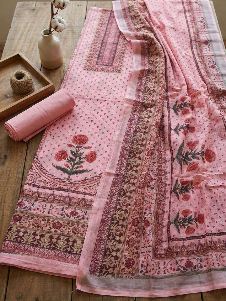 Embroidered Cotton Blend Unstitched Suit With Pant &amp; Dupatta