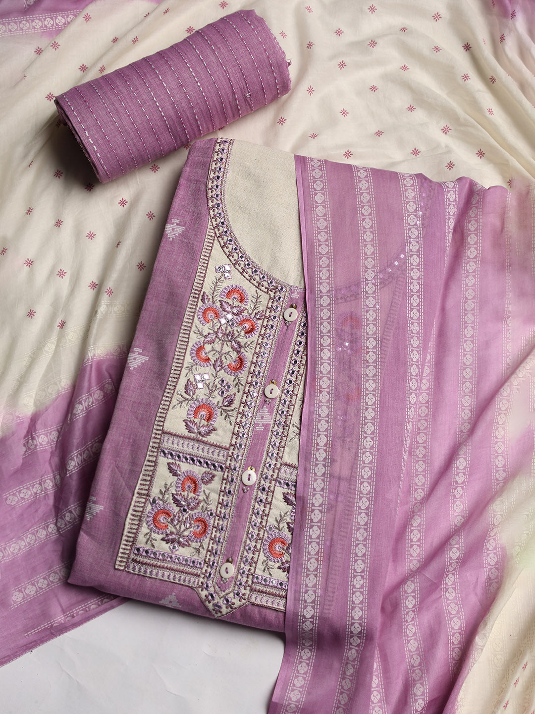 Neck Embroidered Cotton Blend Unstitched Suit With Dupatta