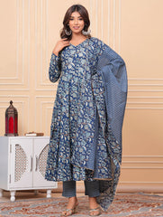 Printed Cotton Blend Kurta With Pants & Dupatta