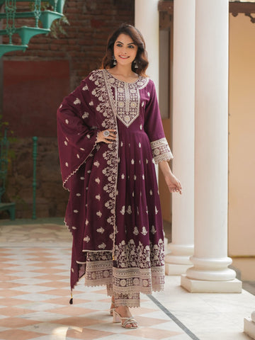 Resham Embroidery Cotton Blend Kurta With Pants & Dupatta