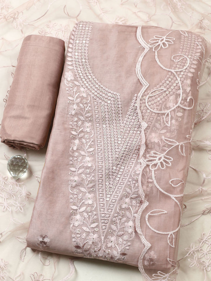 Embroidered Chanderi Unstitched Suit With Pant &amp; Dupatta
