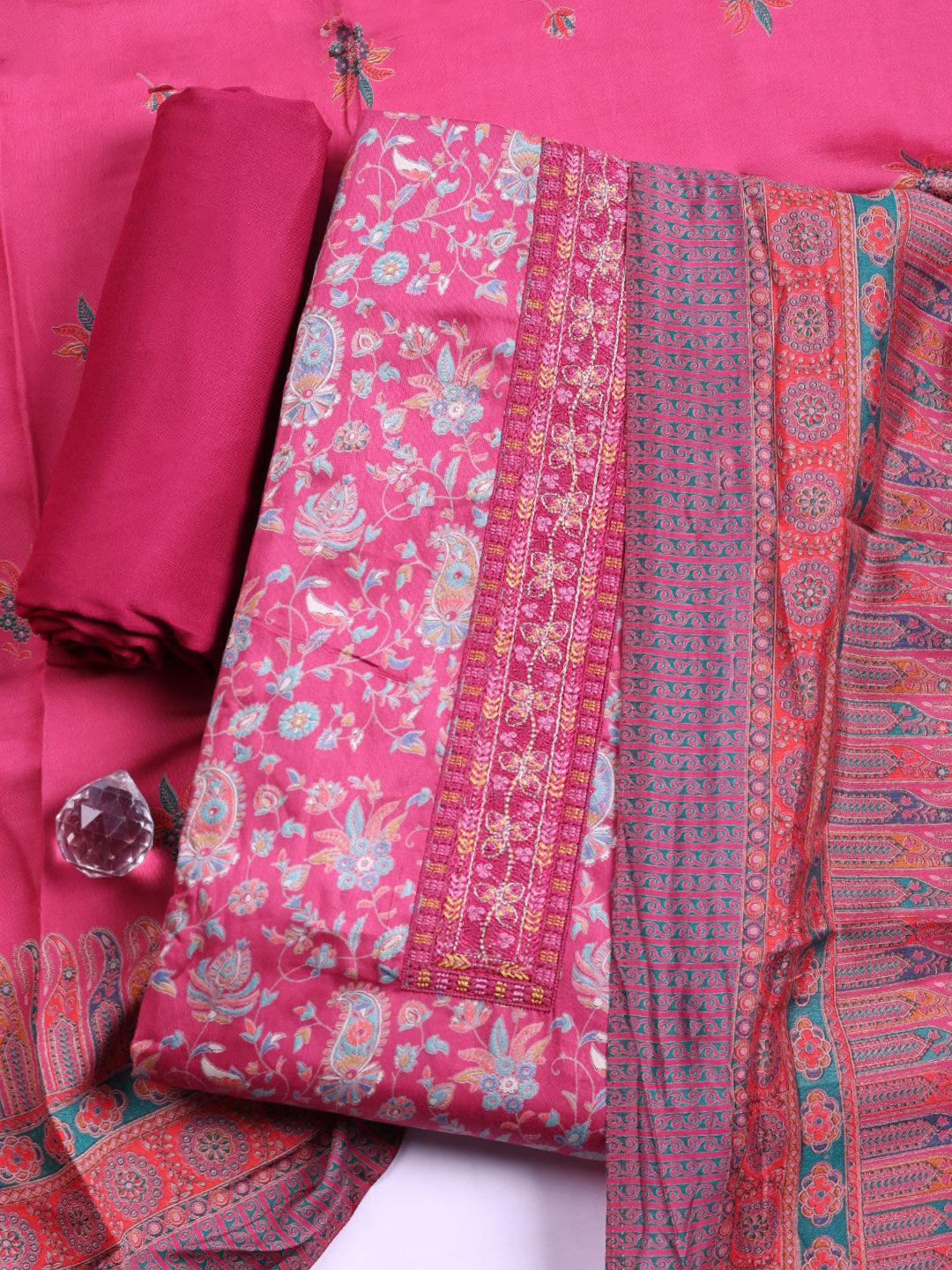Printed Cotton Blend Unstitched Suit With Pant &amp; Dupatta