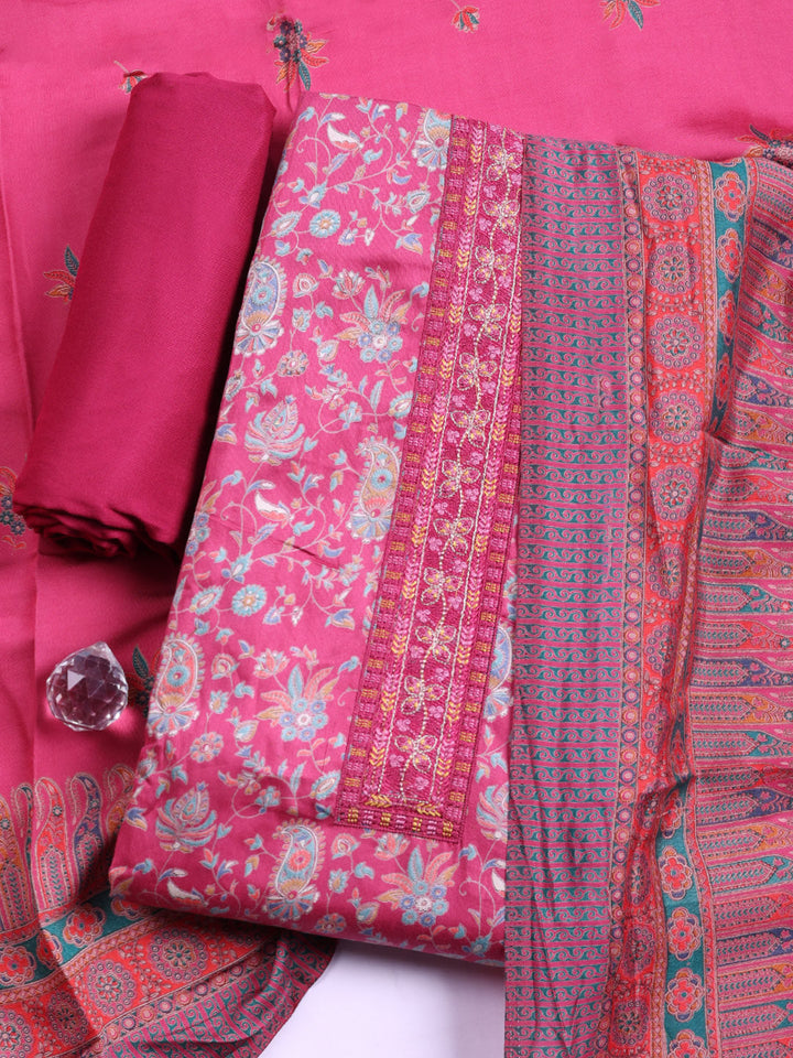 Printed Cotton Blend Unstitched Suit With Pant &amp; Dupatta